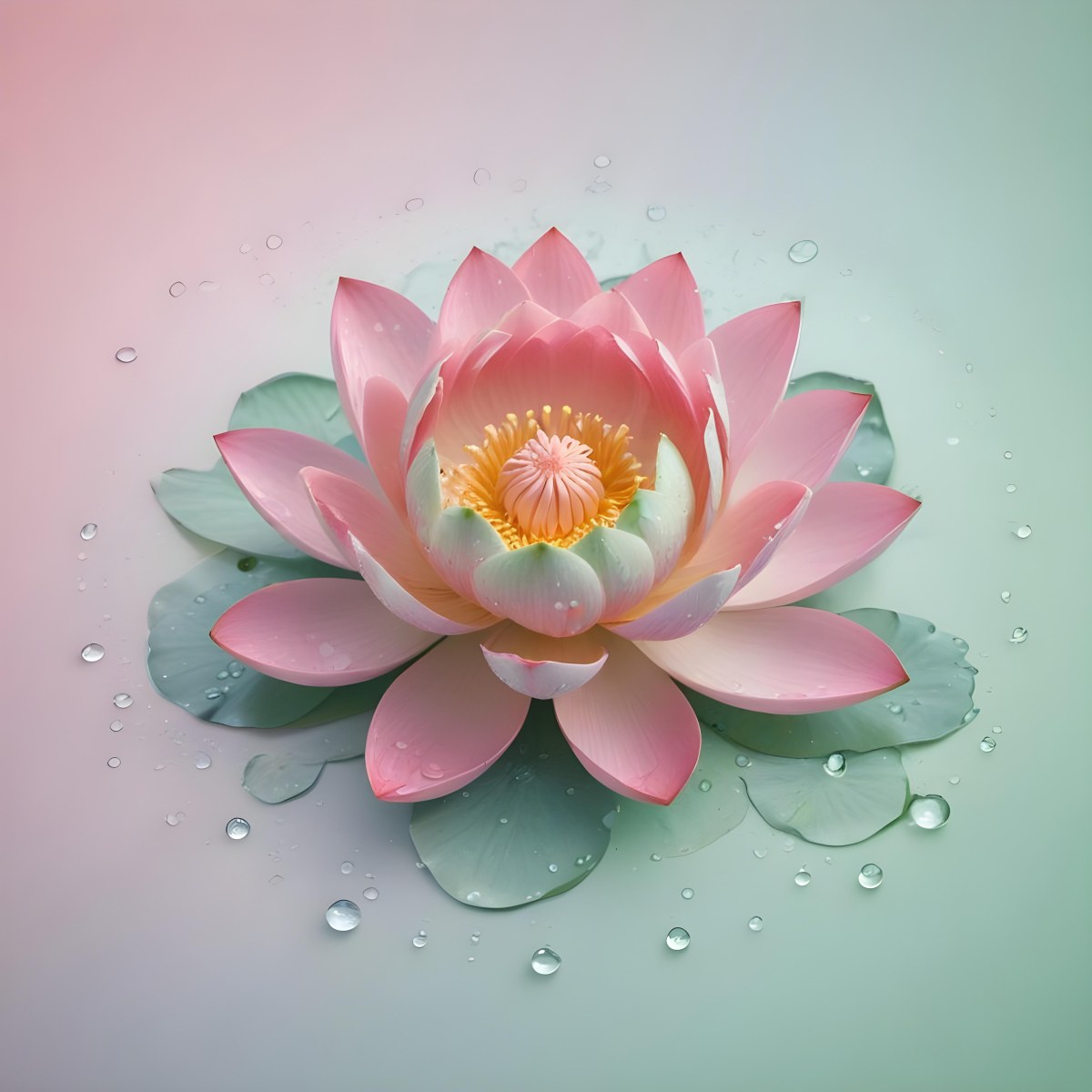 A Pink Lotus Flower With Water Drops In A Light Pink And Green Background 9 D062