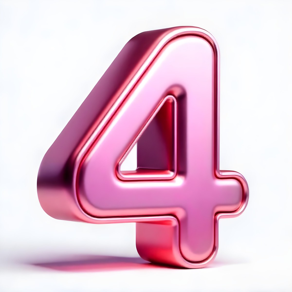 A Pink Metallic Number Four With Rounded Edges Casting A Soft Shadow On A White Surface Creating A Clean And Modern Aesthetic 4 517e
