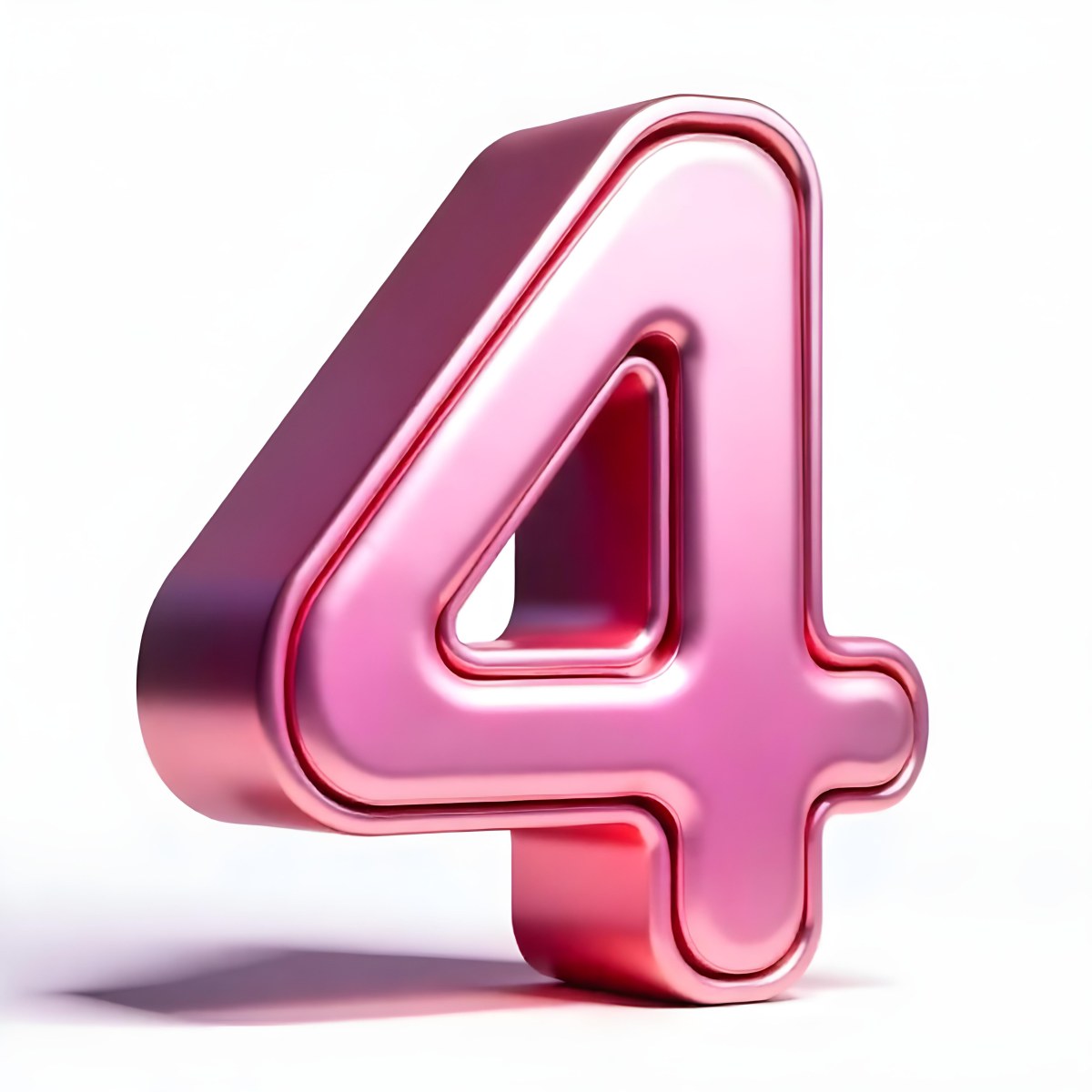 A Pink Metallic Number Four With Rounded Edges Casting A Soft Shadow On A White Surface Creating A Clean And Modern Aesthetic 40 106d