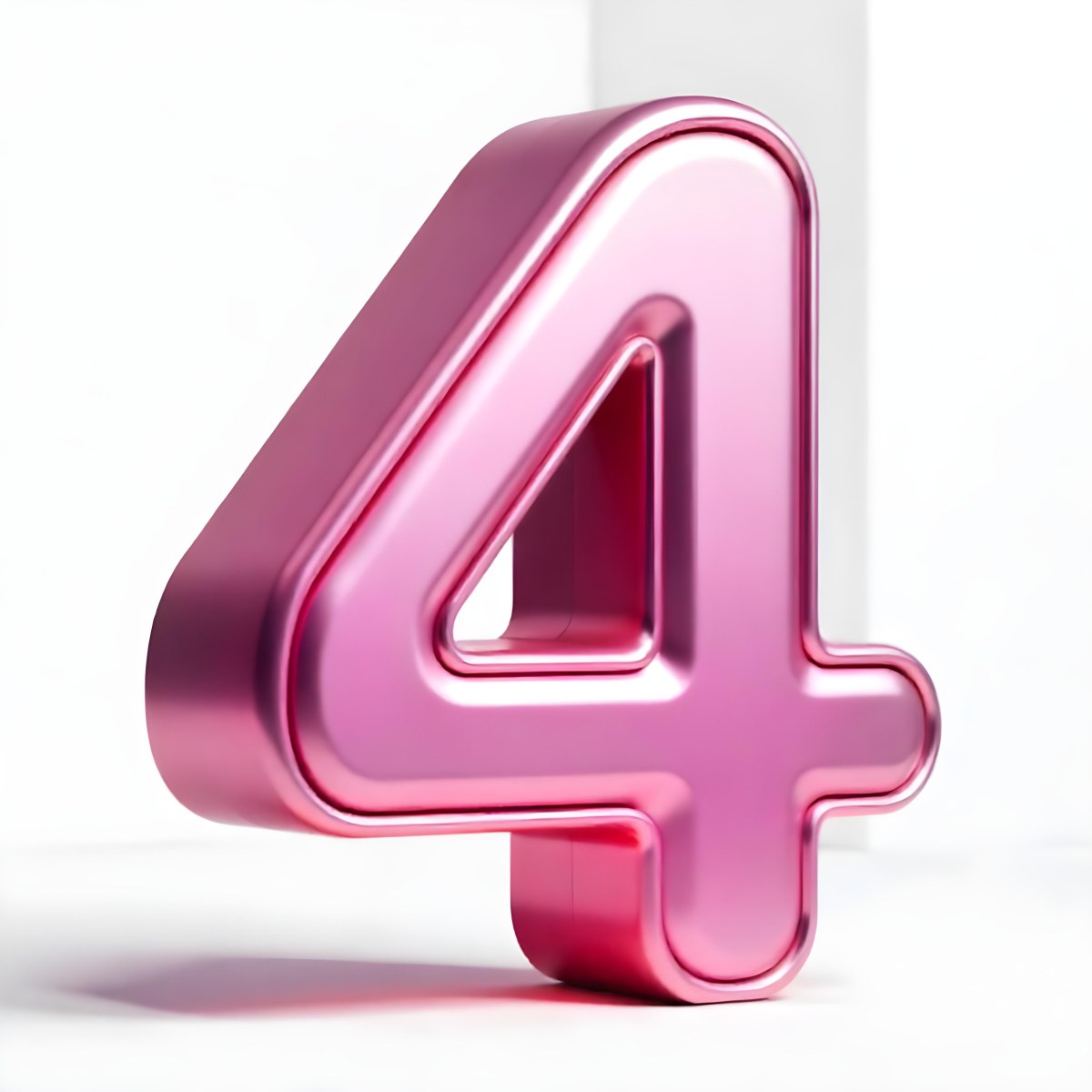 A Pink Metallic Number Four With Rounded Edges Casting A Soft Shadow On A White Surface Creating A Clean And Modern Aesthetic 9 Dee0