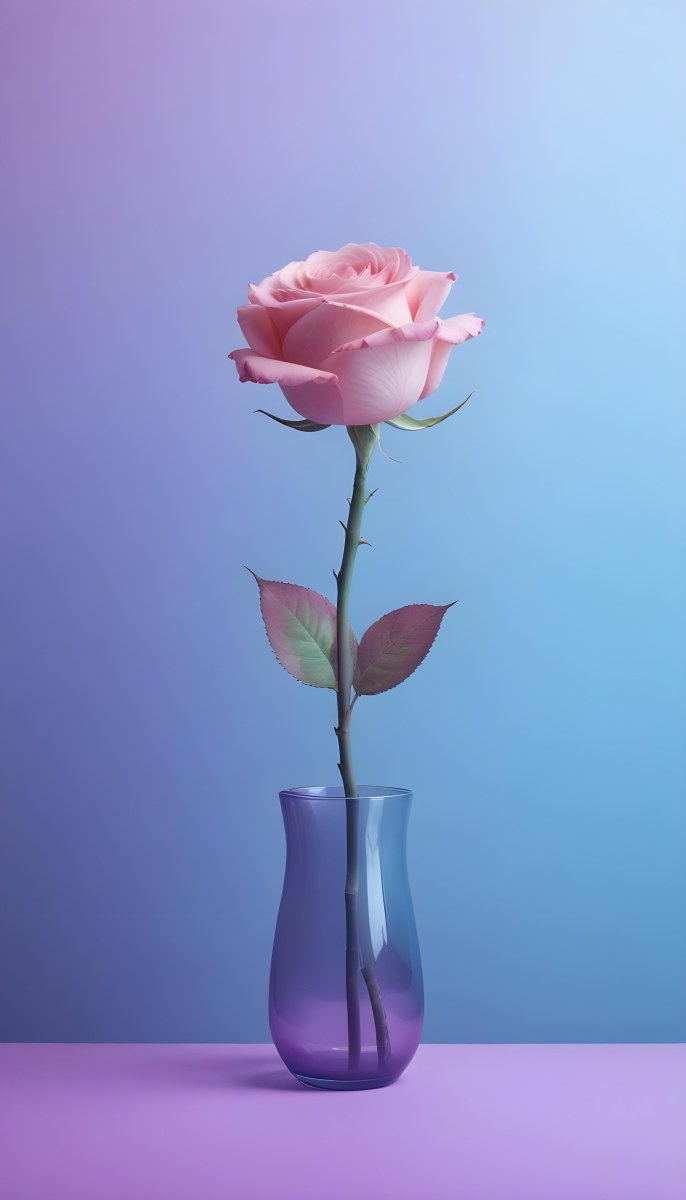 A Pink Rose In A Glass Vase Against A Blue Backgro 15 345b