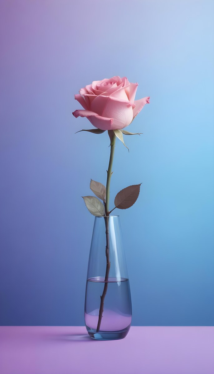 A Pink Rose In A Glass Vase Against A Blue Backgro 17 81ab
