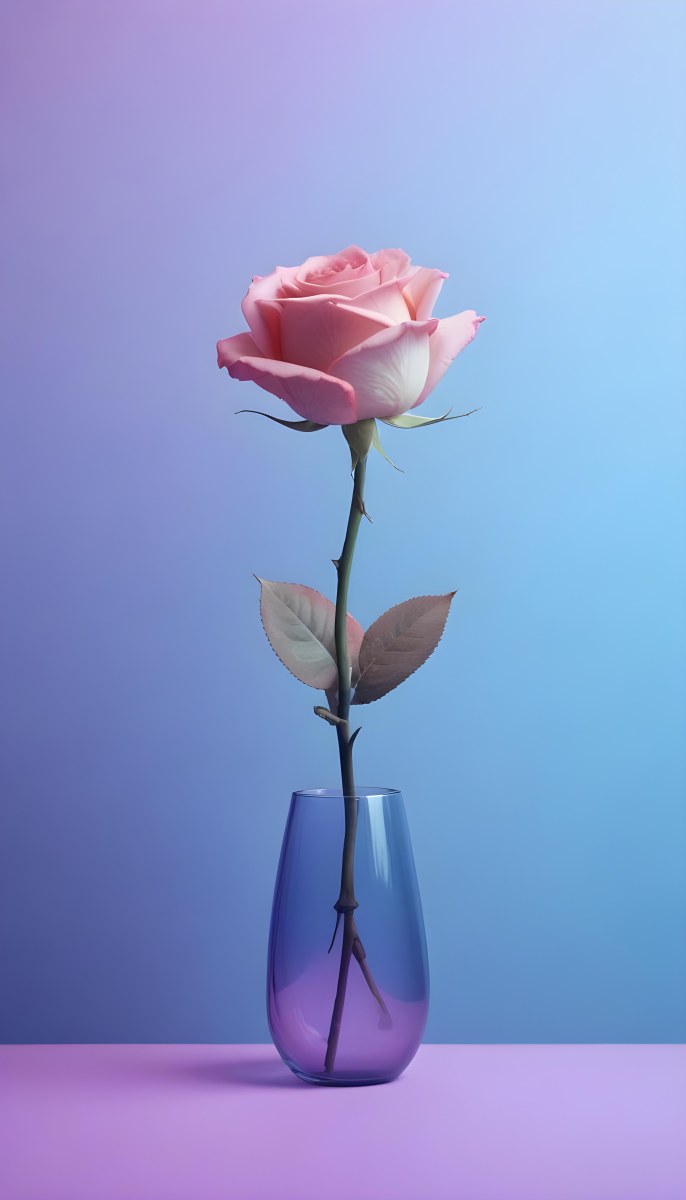 A Pink Rose In A Glass Vase Against A Blue Backgro 27 Fc8c