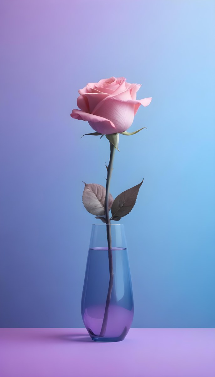 A Pink Rose In A Glass Vase Against A Blue Backgro 28 6c1c