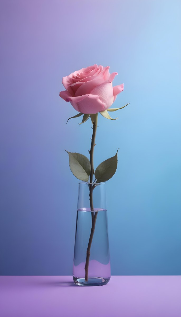 A Pink Rose In A Glass Vase Against A Blue Backgro 29 3748