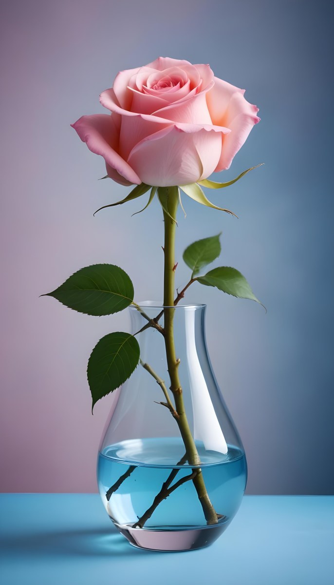 A Pink Rose In A Glass Vase Against A Blue Backgro 3 F26f
