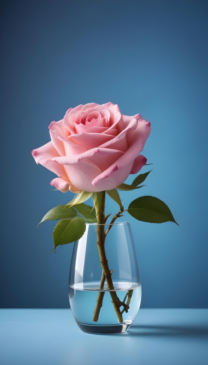 A Pink Rose In A Glass Vase Against A Blue Backgro 30 A94c