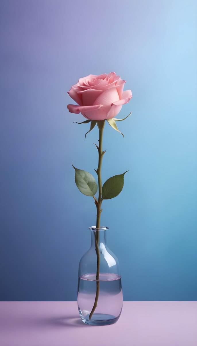 A Pink Rose In A Glass Vase Against A Blue Backgro 31 43bc