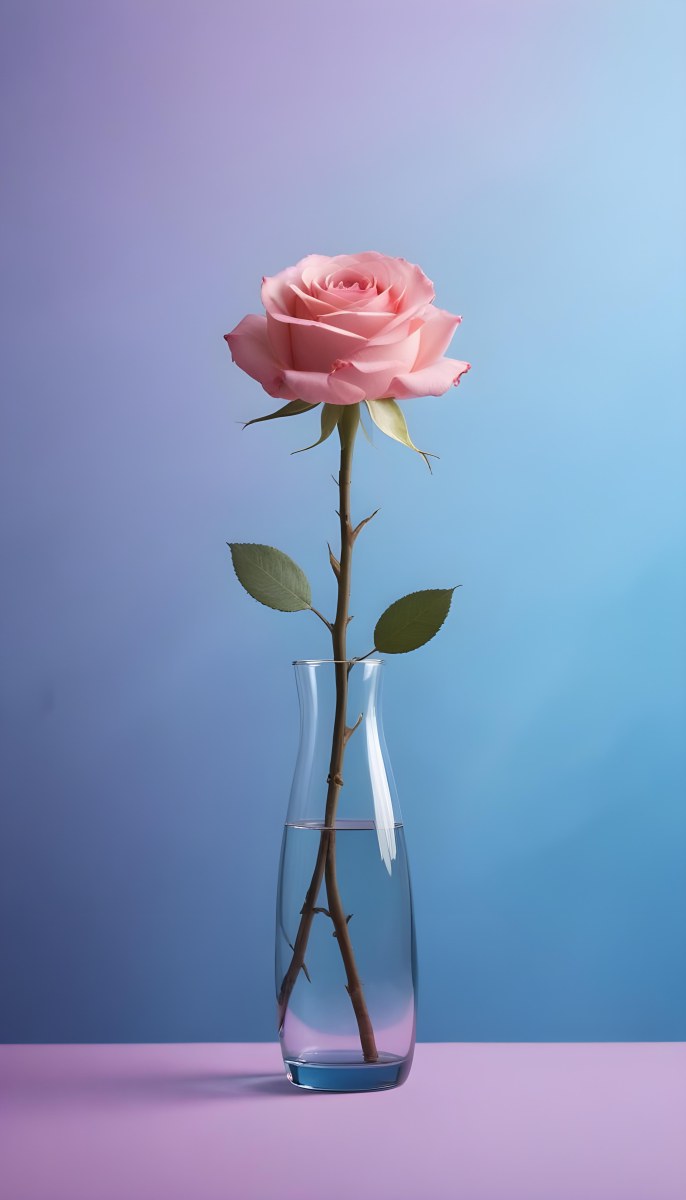 A Pink Rose In A Glass Vase Against A Blue Backgro 32 Bf1a