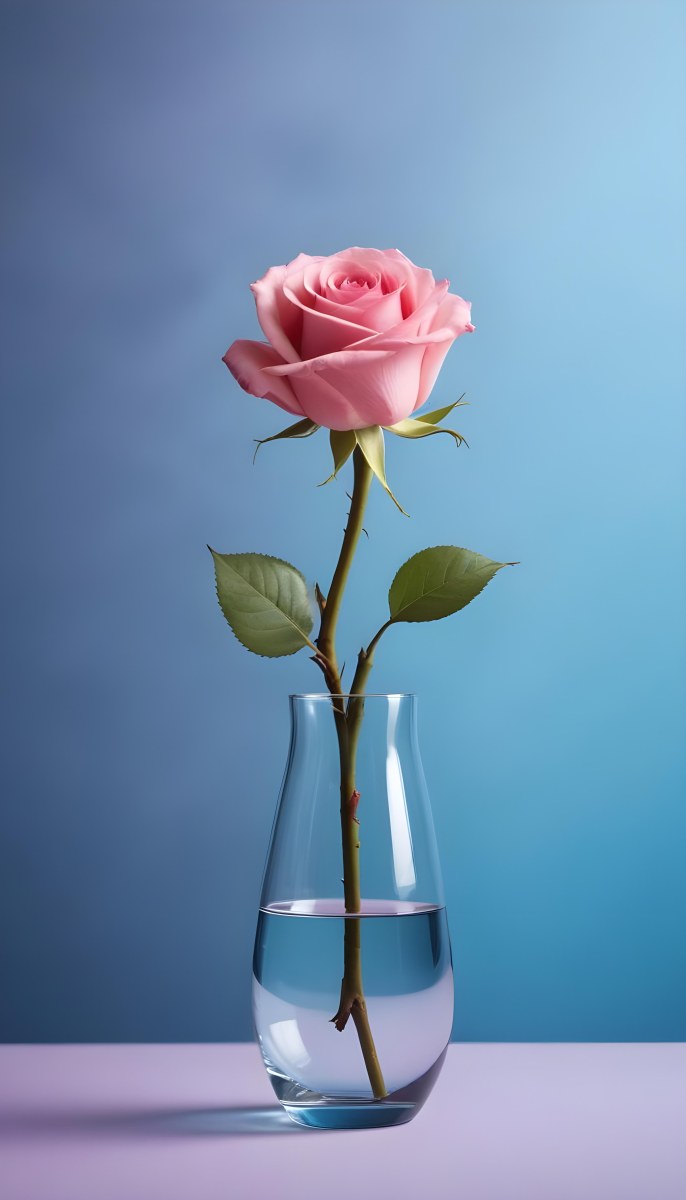 A Pink Rose In A Glass Vase Against A Blue Backgro 34 1bbc