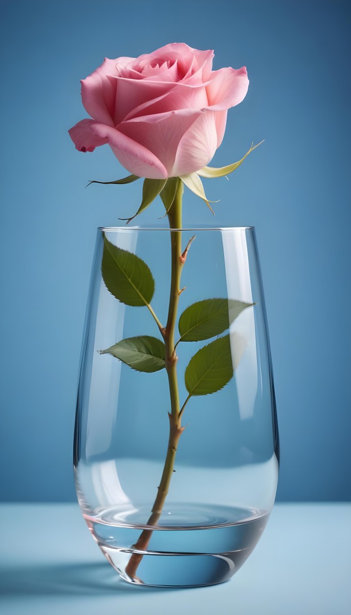 A Pink Rose In A Glass Vase Against A Blue Backgro 5 Fa5d