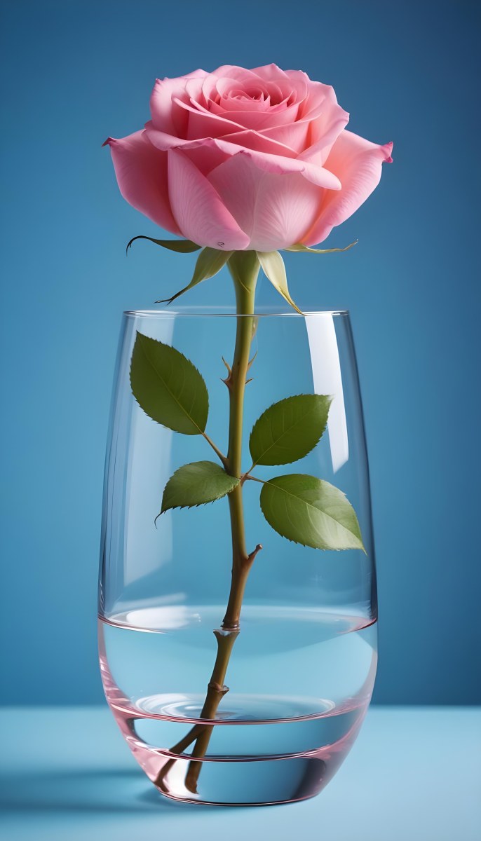 A Pink Rose In A Glass Vase Against A Blue Backgro 6 8cf7