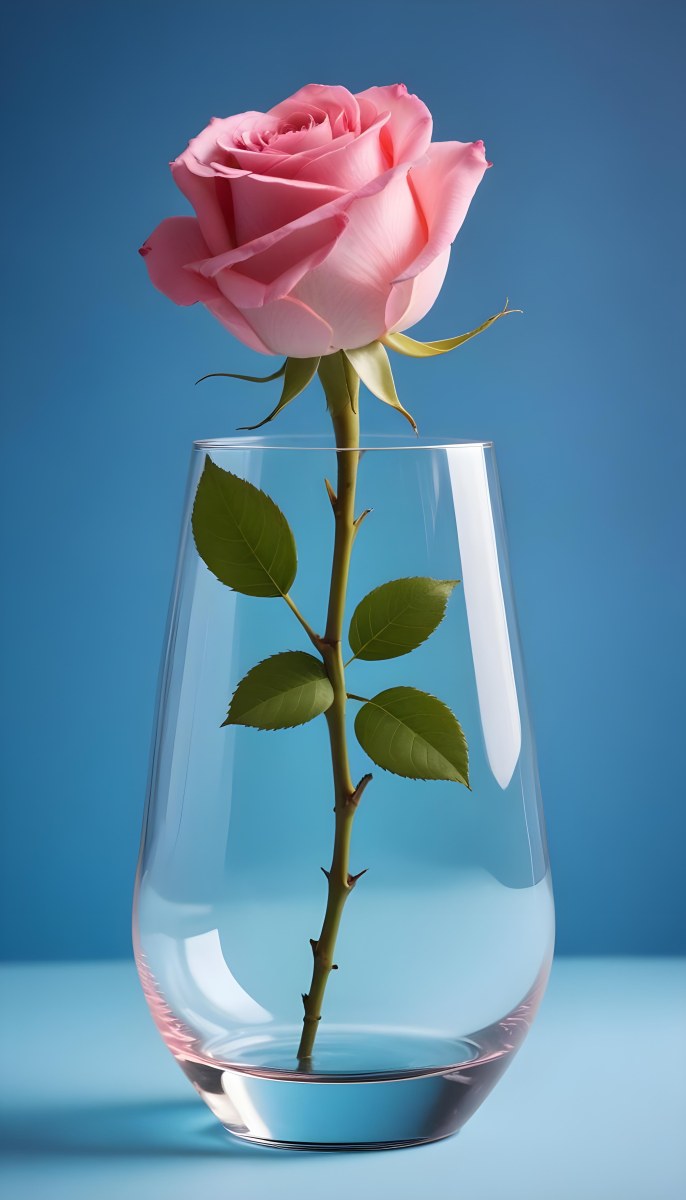 A Pink Rose In A Glass Vase Against A Blue Backgro 7 0d36