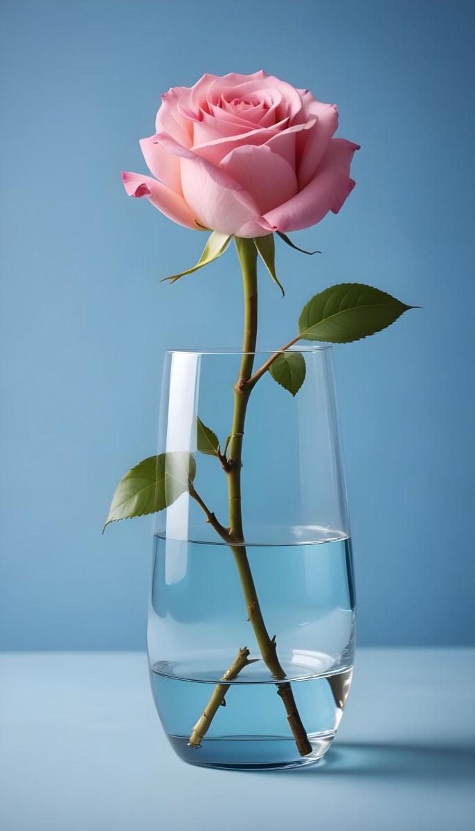 A Pink Rose In A Glass Vase Against A Blue Backgro 8 Abc1