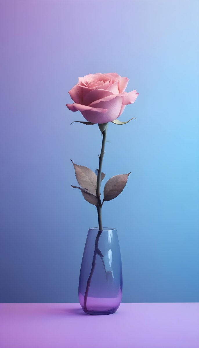 A Pink Rose In A Glass Vase Against A Blue Backgro 9 Fff7
