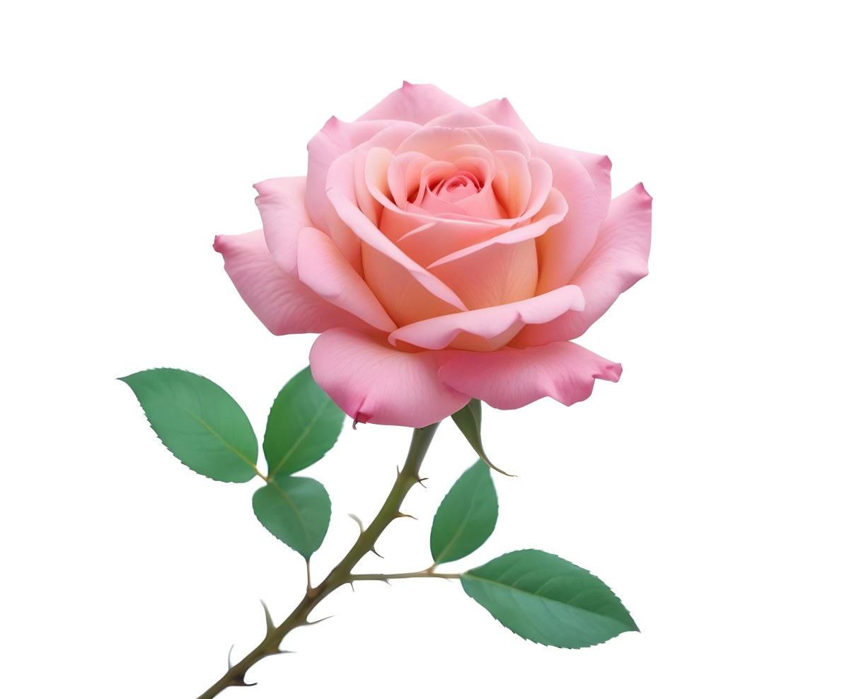 A Pink Rose With Green Leaves And Stem Isolated On A White Background Soft Lighting Close Up Shot Focus On The Leaves Vibrant Colors Natural Texture 12 E42b