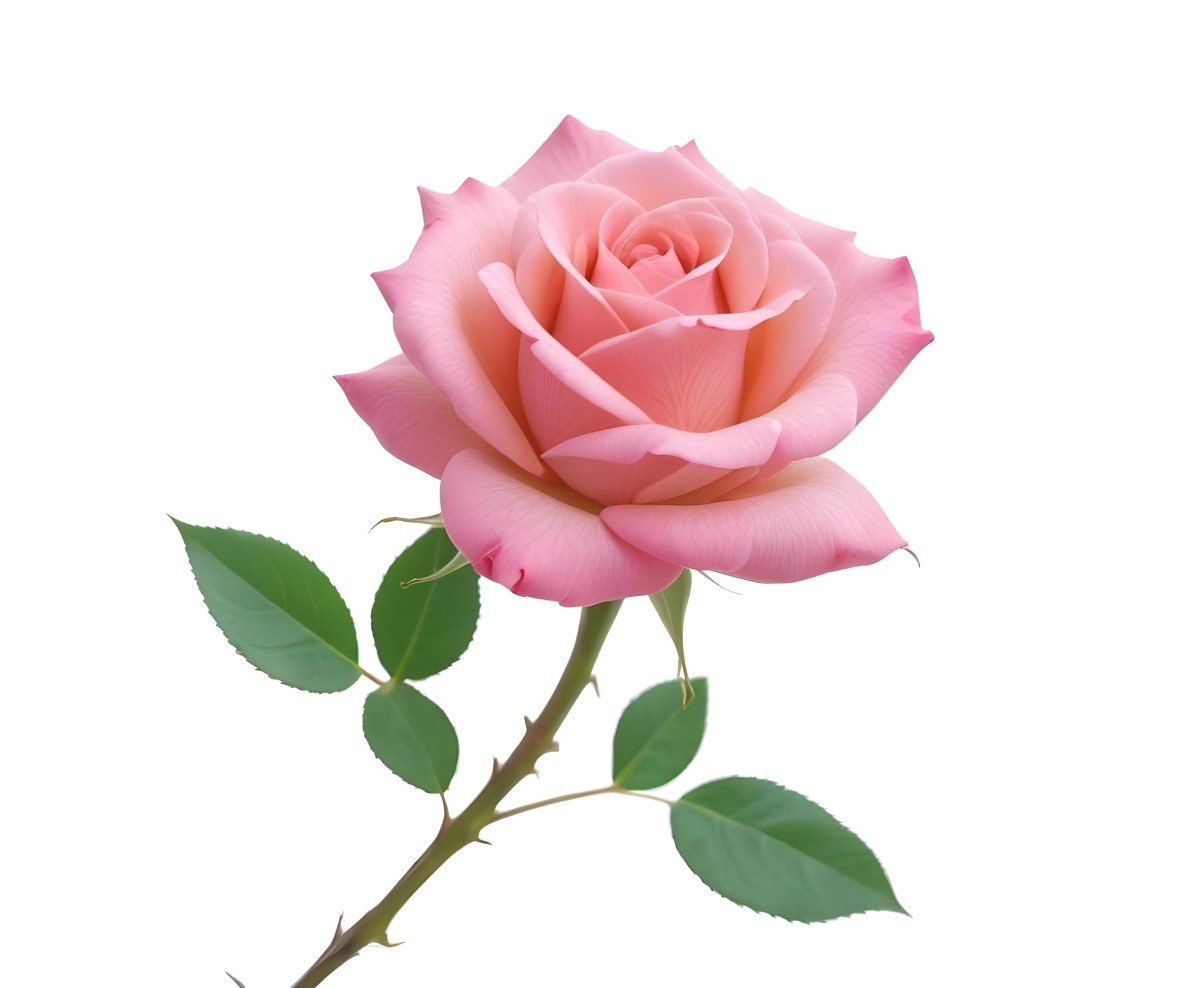 A Pink Rose With Green Leaves And Stem Isolated On A White Background Soft Lighting Close Up Shot Focus On The Leaves Vibrant Colors Natural Texture 16 F71a