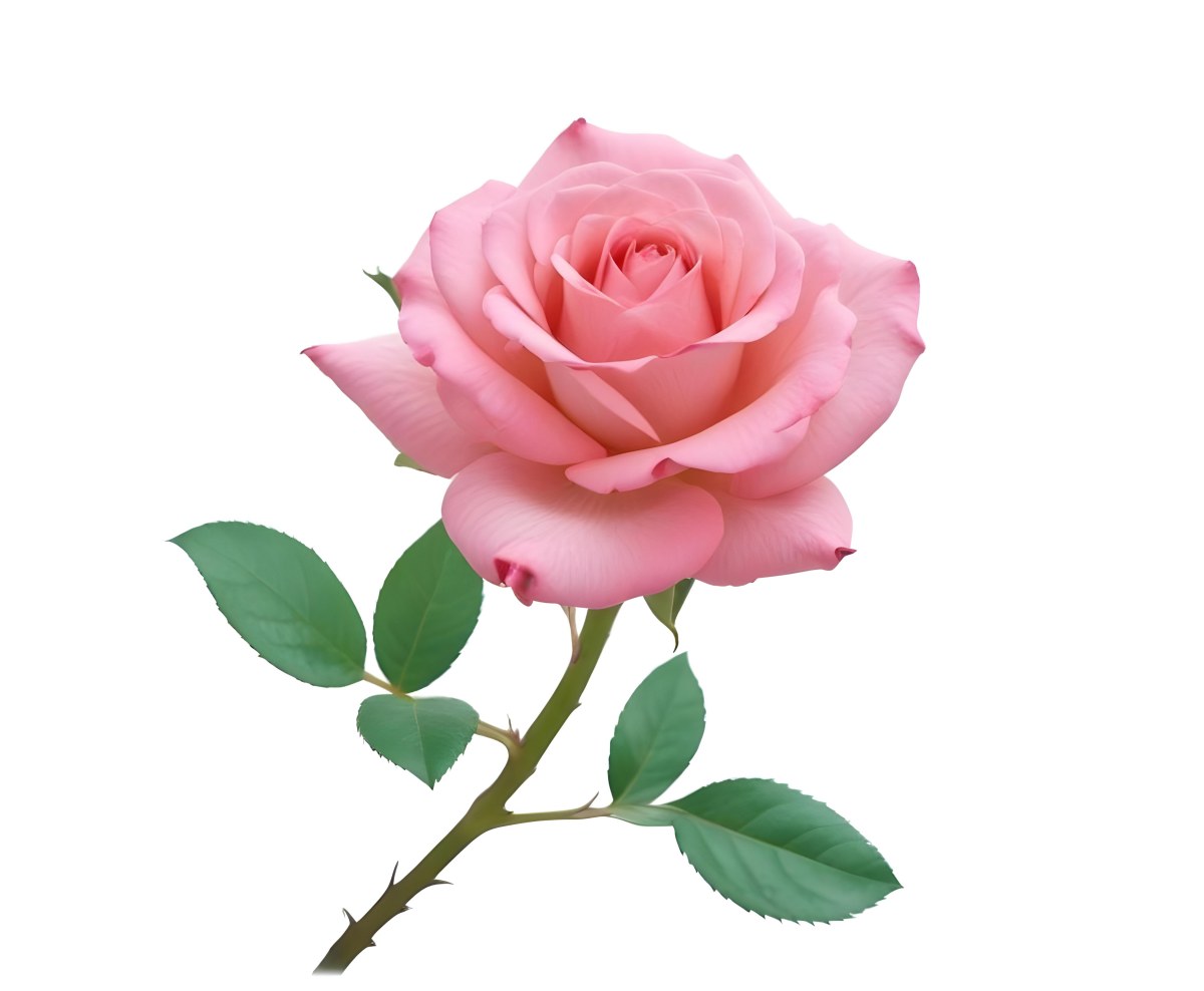 A Pink Rose With Green Leaves And Stem Isolated On A White Background Soft Lighting Close Up Shot Focus On The Leaves Vibrant Colors Natural Texture 18 5e2c