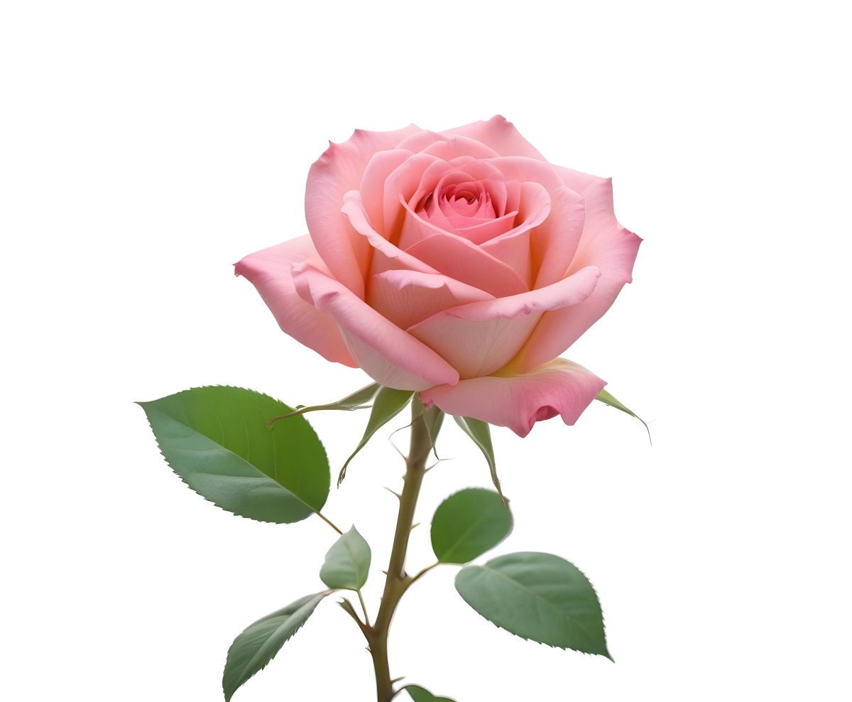 A Pink Rose With Green Leaves And Stem Isolated On A White Background Soft Lighting Close Up Shot Focus On The Leaves Vibrant Colors Natural Texture 28 3c0c
