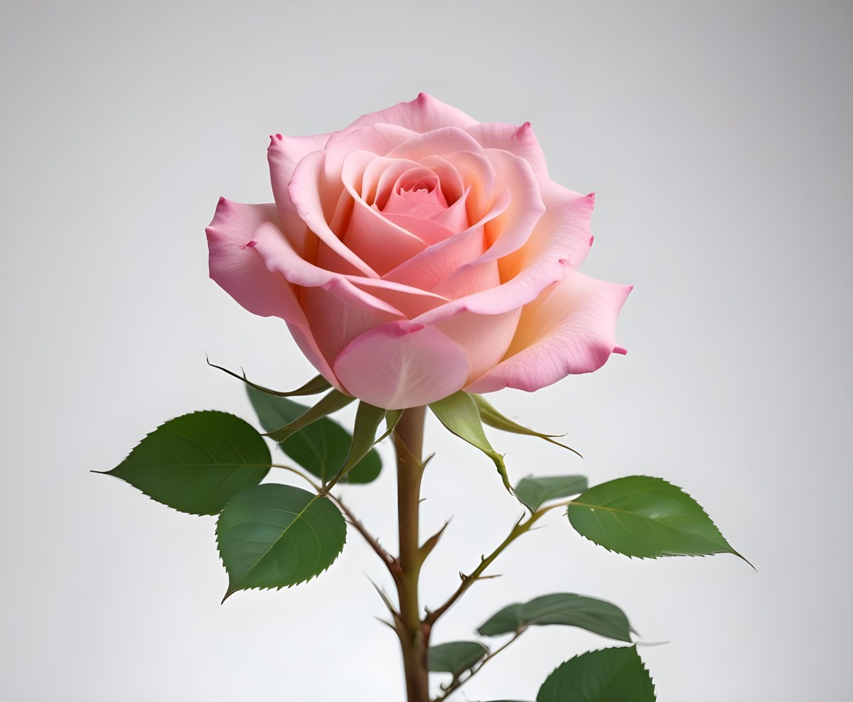 A Pink Rose With Green Leaves And Stem Isolated On A White Background Soft Lighting Close Up Shot Focus On The Leaves Vibrant Colors Natural Texture 39 A3bf