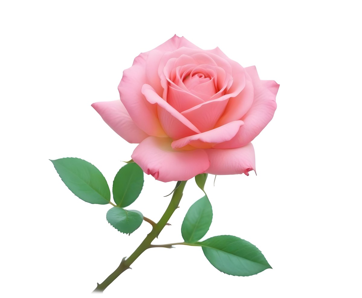 A Pink Rose With Green Leaves And Stem Isolated On A White Background Soft Lighting Close Up Shot Focus On The Leaves Vibrant Colors Natural Texture 4 45b8