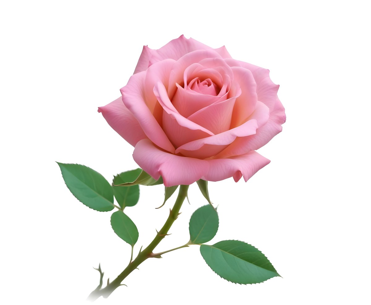 A Pink Rose With Green Leaves And Stem Isolated On A White Background Soft Lighting Close Up Shot Focus On The Leaves Vibrant Colors Natural Texture 41 B9a0