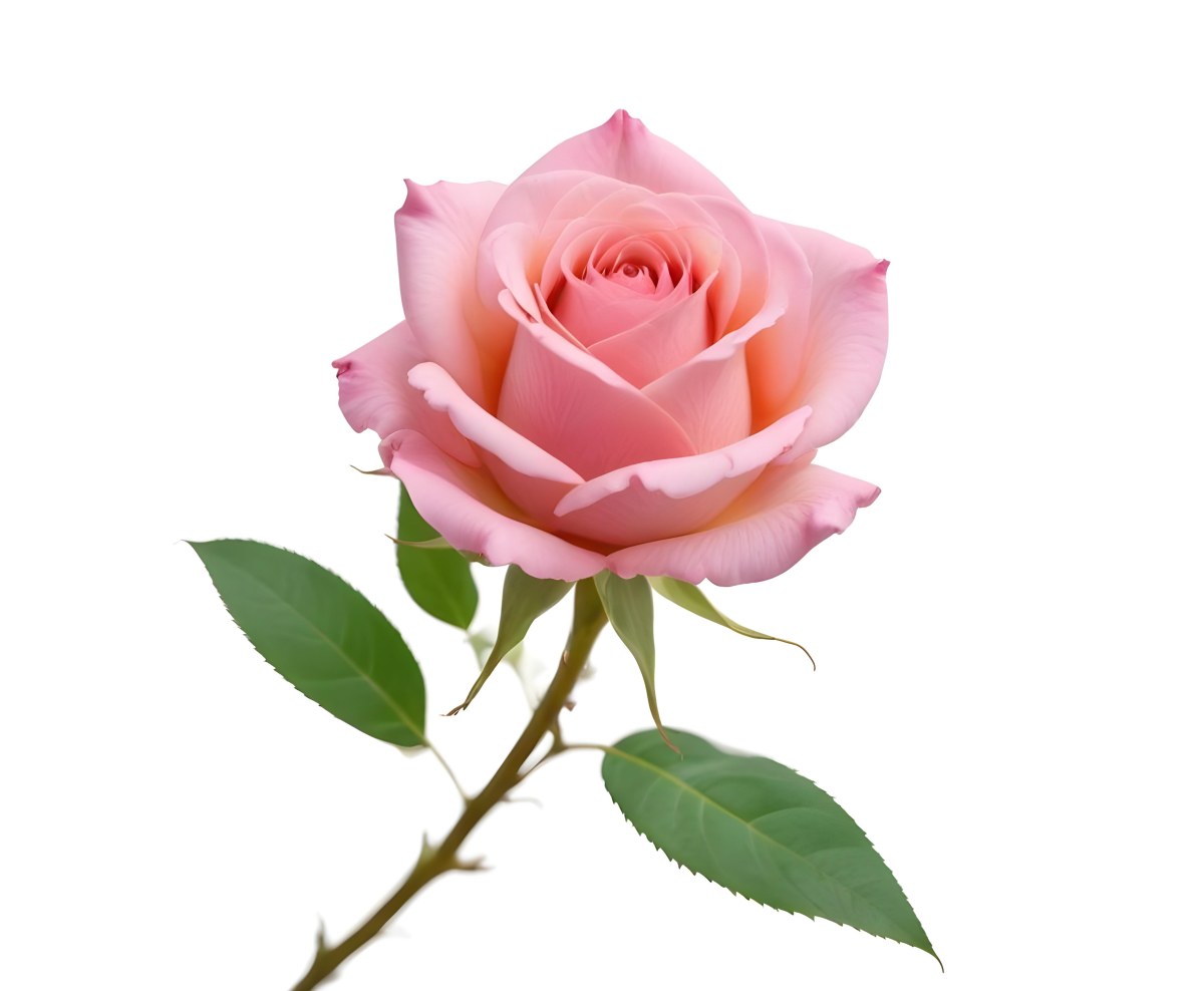 A Pink Rose With Green Leaves And Stem Isolated On A White Background Soft Lighting Close Up Shot Focus On The Leaves Vibrant Colors Natural Texture 5 B68f