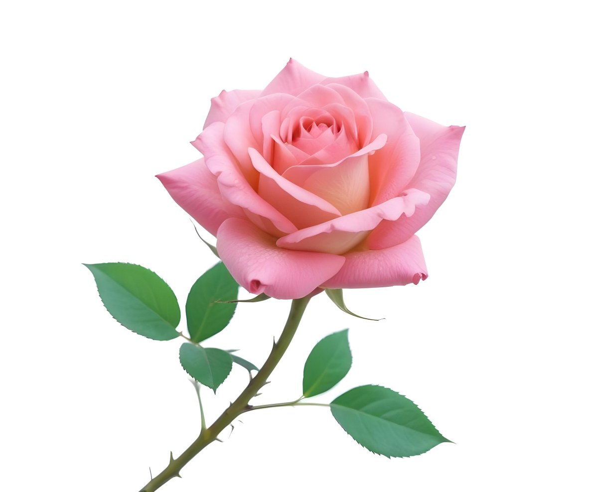 A Pink Rose With Green Leaves And Stem Isolated On A White Background Soft Lighting Close Up Shot Focus On The Leaves Vibrant Colors Natural Texture 6 17ba