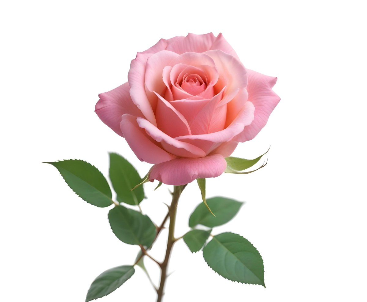 A Pink Rose With Green Leaves And Stem Isolated On A White Background Soft Lighting Close Up Shot Focus On The Leaves Vibrant Colors Natural Texture 7 26b4