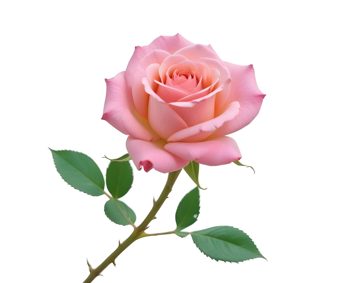 A Pink Rose With Green Leaves And Stem Isolated On A White Background Soft Lighting Close Up Shot Focus On The Leaves Vibrant Colors Natural Texture 8 9707
