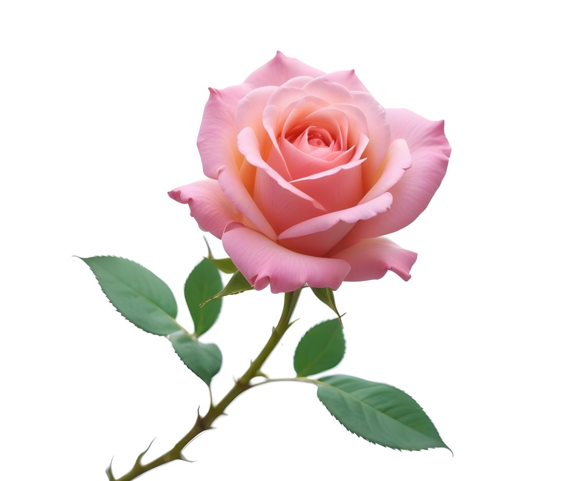 A Pink Rose With Green Leaves And Stem Isolated On A White Background Soft Lighting Close Up Shot Focus On The Leaves Vibrant Colors Natural Texture 9 6d0c