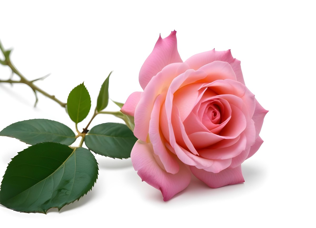 A Pink Rose With Green Leaves On A White Background The Flower Is In Full Bloom The Stem Is Short And Thin 13 6923
