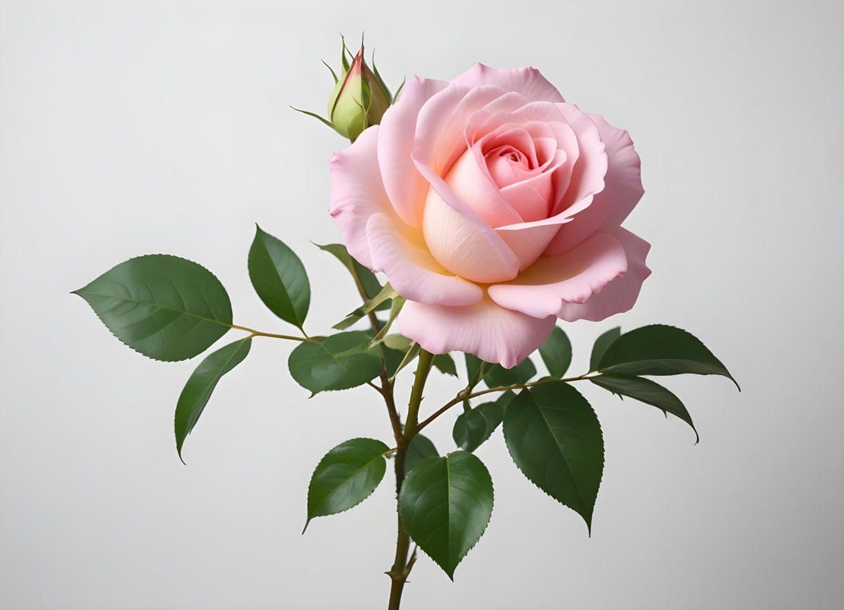A Pink Rose With Green Leaves On A White Background The Flower Is In Full Bloom The Stem Is Short And Thin 14 D0dd
