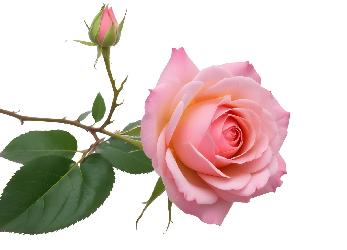 A Pink Rose With Green Leaves On A White Background The Flower Is In Full Bloom The Stem Is Short And Thin 17 65e8
