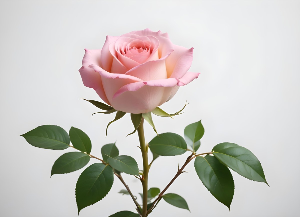 A Pink Rose With Green Leaves On A White Background The Flower Is In Full Bloom The Stem Is Short And Thin 23 D27b