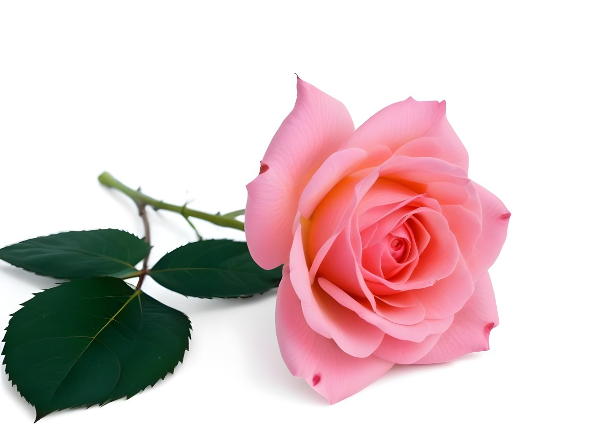A Pink Rose With Green Leaves On A White Background The Flower Is In Full Bloom The Stem Is Short And Thin 26 67f9
