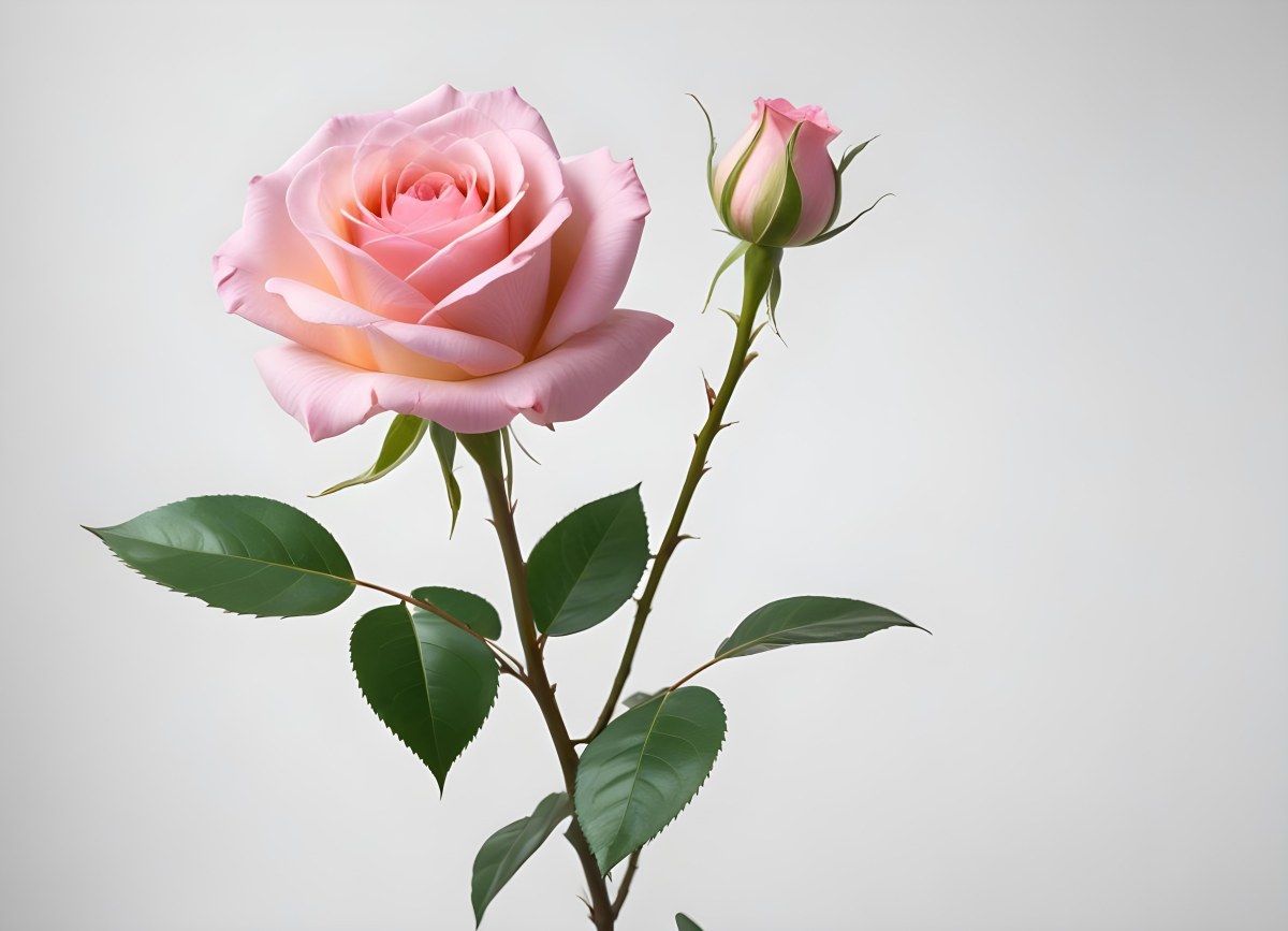 A Pink Rose With Green Leaves On A White Background The Flower Is In Full Bloom The Stem Is Short And Thin 34 2303