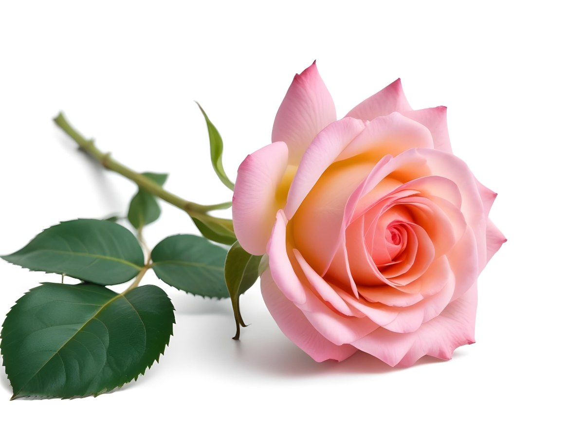 A Pink Rose With Green Leaves On A White Background The Flower Is In Full Bloom The Stem Is Short And Thin 9 2cbf