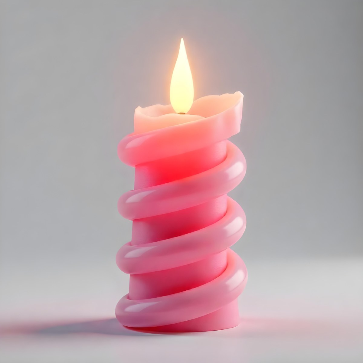 A Pink Spiral Candle With A Bright Flame On Top Casting A Bright Glow Simple Gray Background 2 F784