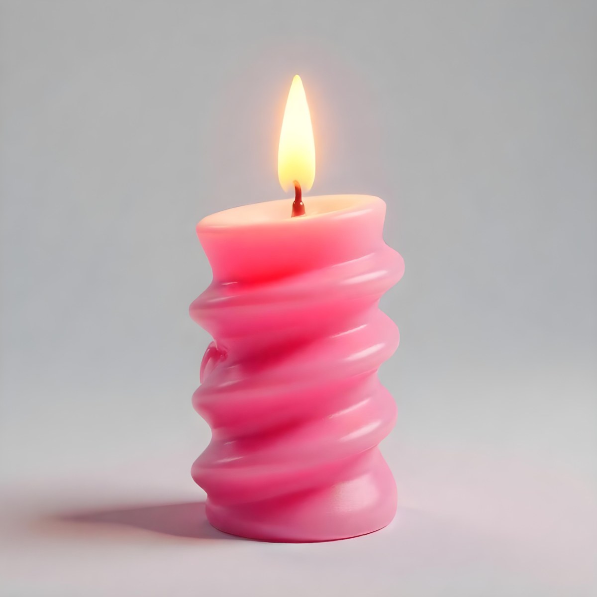 A Pink Spiral Candle With A Bright Flame On Top Casting A Bright Glow Simple Gray Background 3 267a