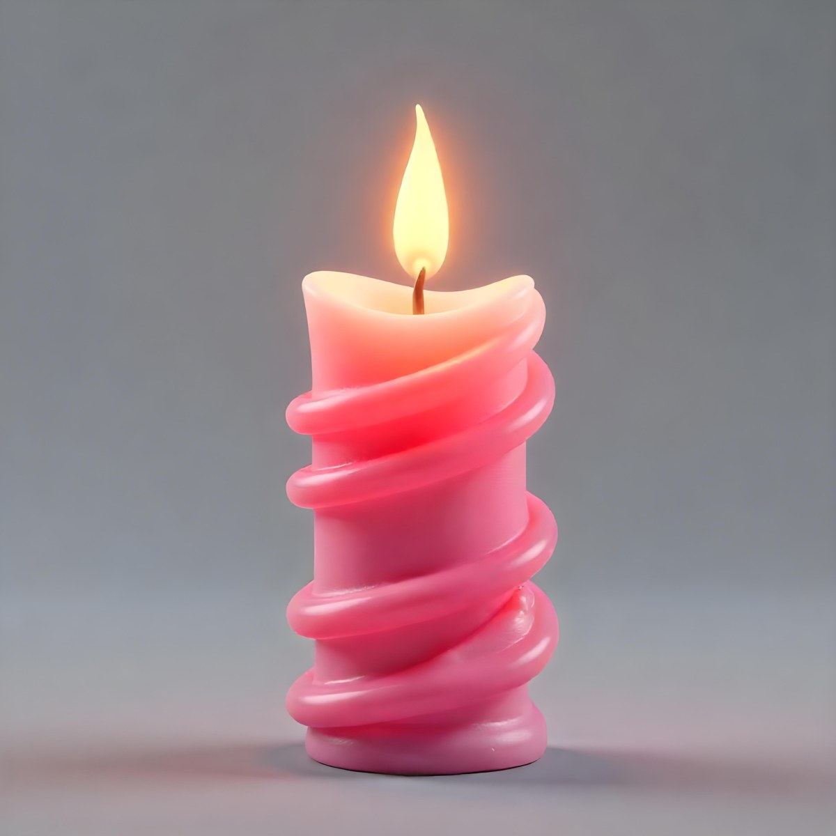 A Pink Spiral Candle With A Bright Flame On Top Casting A Bright Glow Simple Gray Background 4 Dbbe