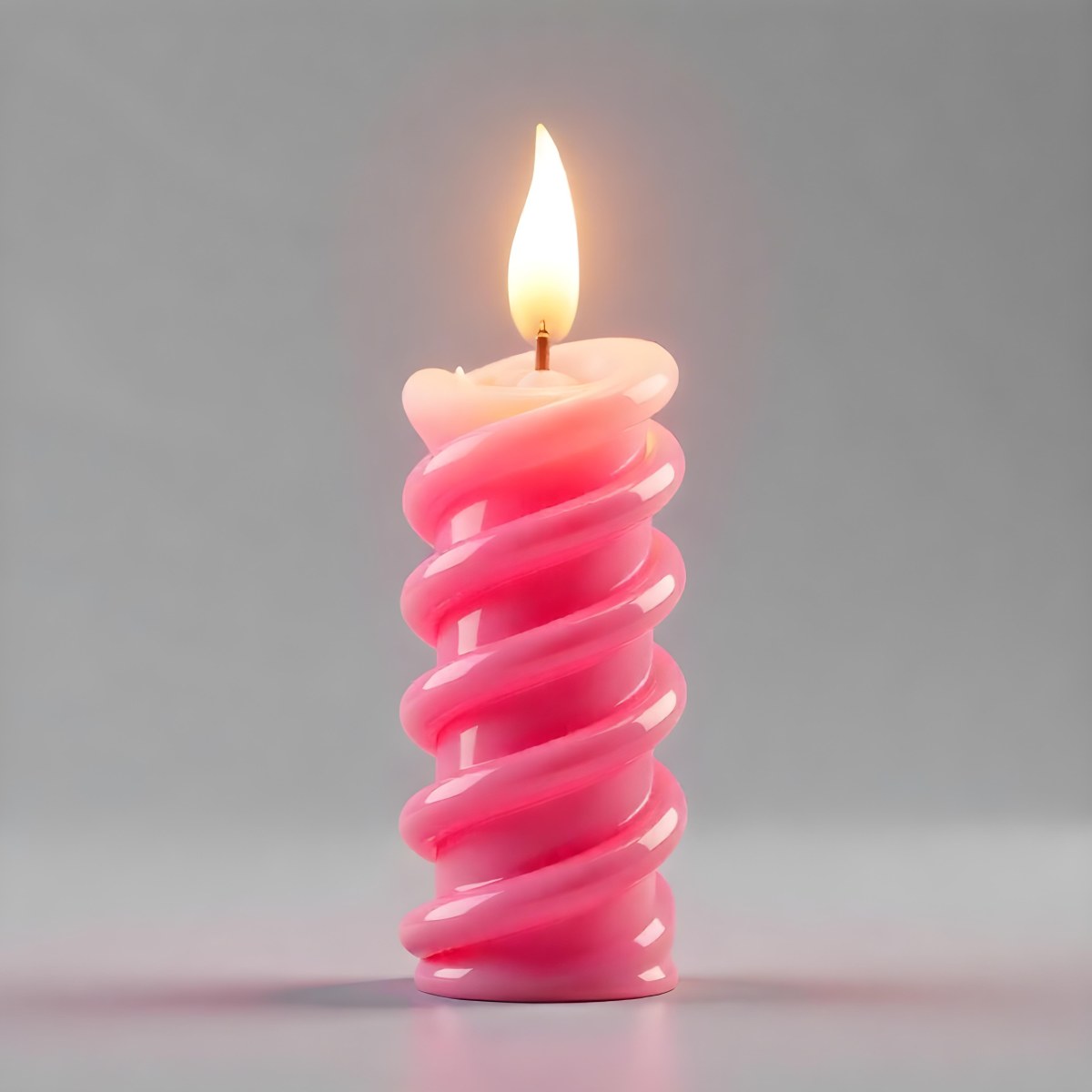 A Pink Spiral Candle With A Bright Flame On Top Casting A Bright Glow Simple Gray Background 6 A262