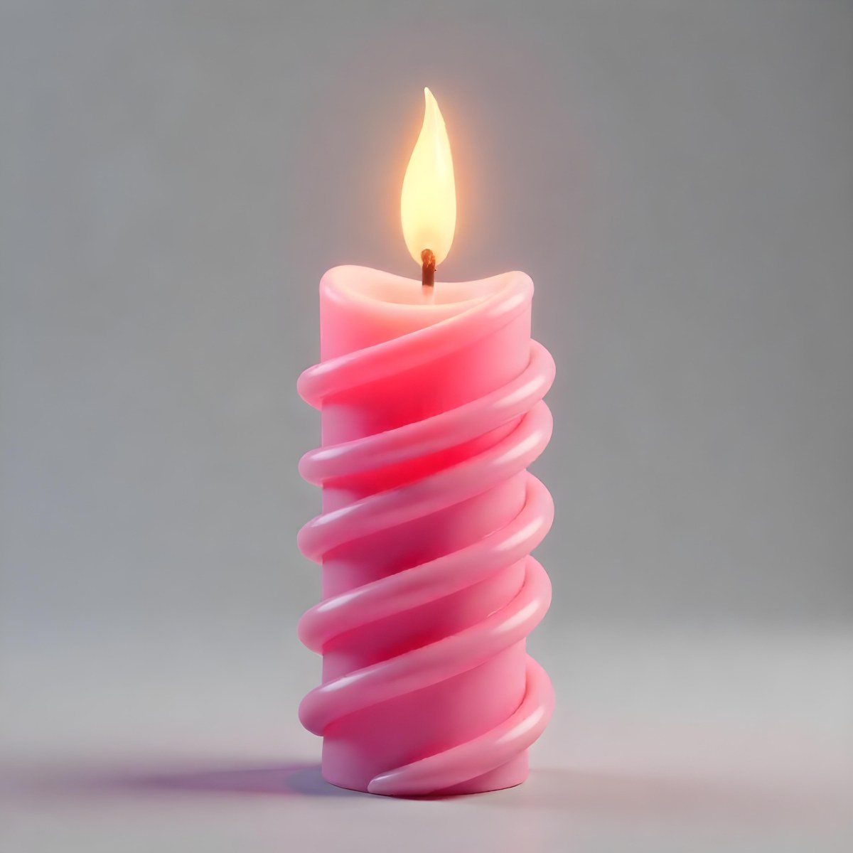 A Pink Spiral Candle With A Bright Flame On Top Casting A Bright Glow Simple Gray Background 7 86fe