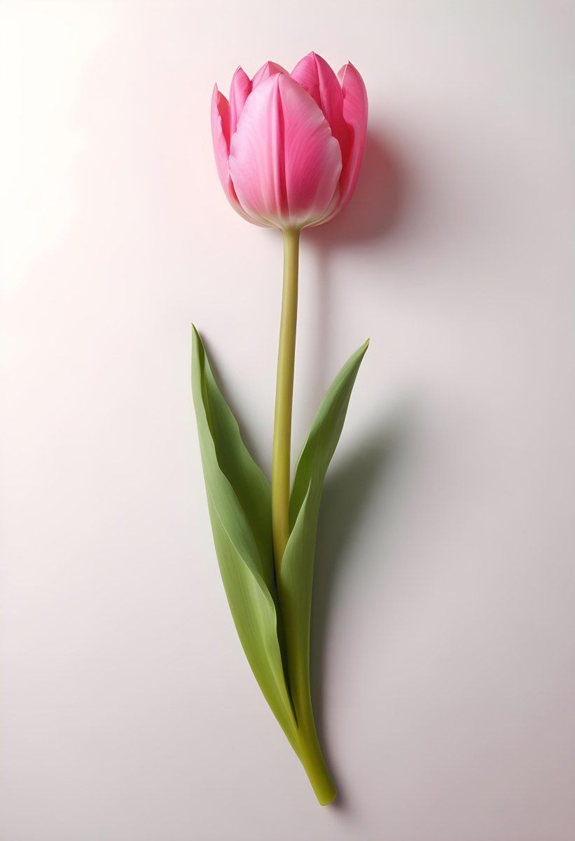 A Pink Tulip With Green Leaves On A Pink Background Close Up Shot Soft Lighting Minimalist Composition Vibrant Colors Clean And Simple Aesthetic Studio Setting 5 C34f