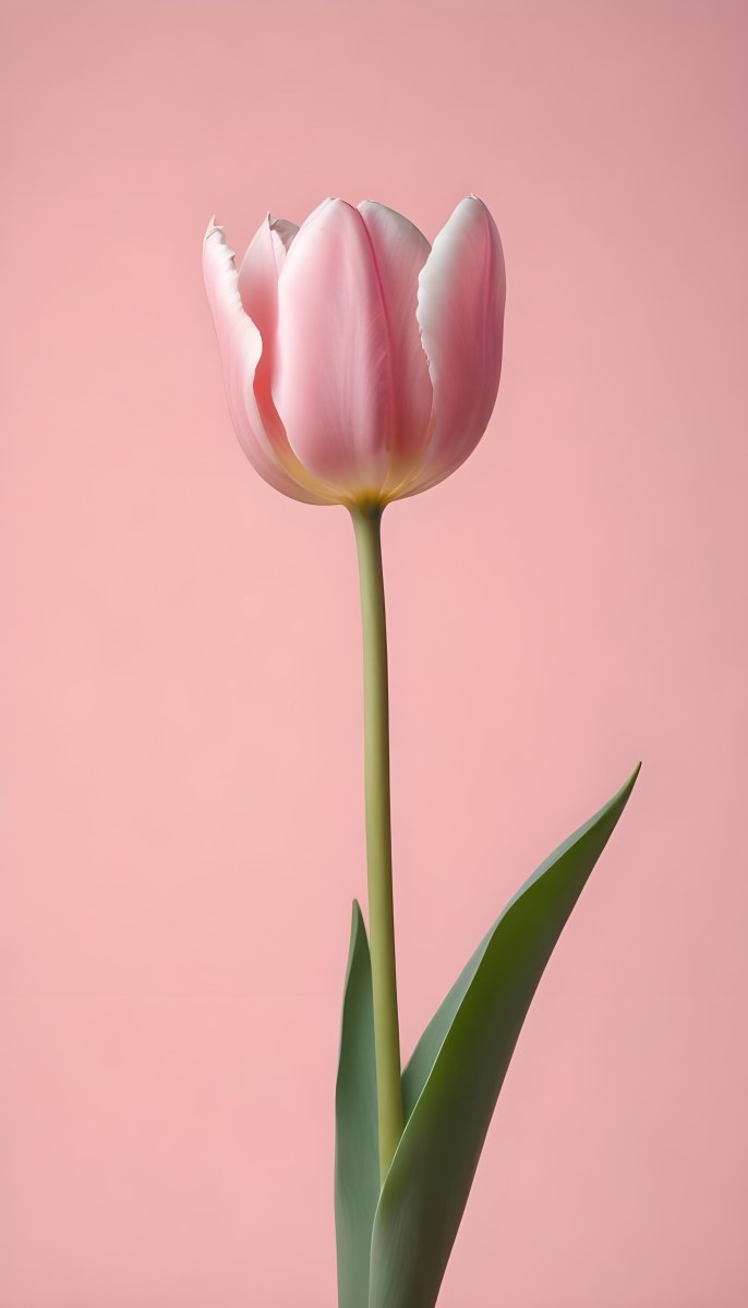 A Pink Tulip With White Edges A Green Stem And Leaves In Front Of A Green Background 70 F75e