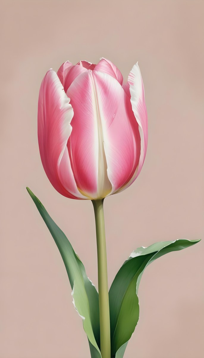 A Pink Tulip With White Edges A Green Stem And Leaves In Front Of A Green Background 8 7d3d