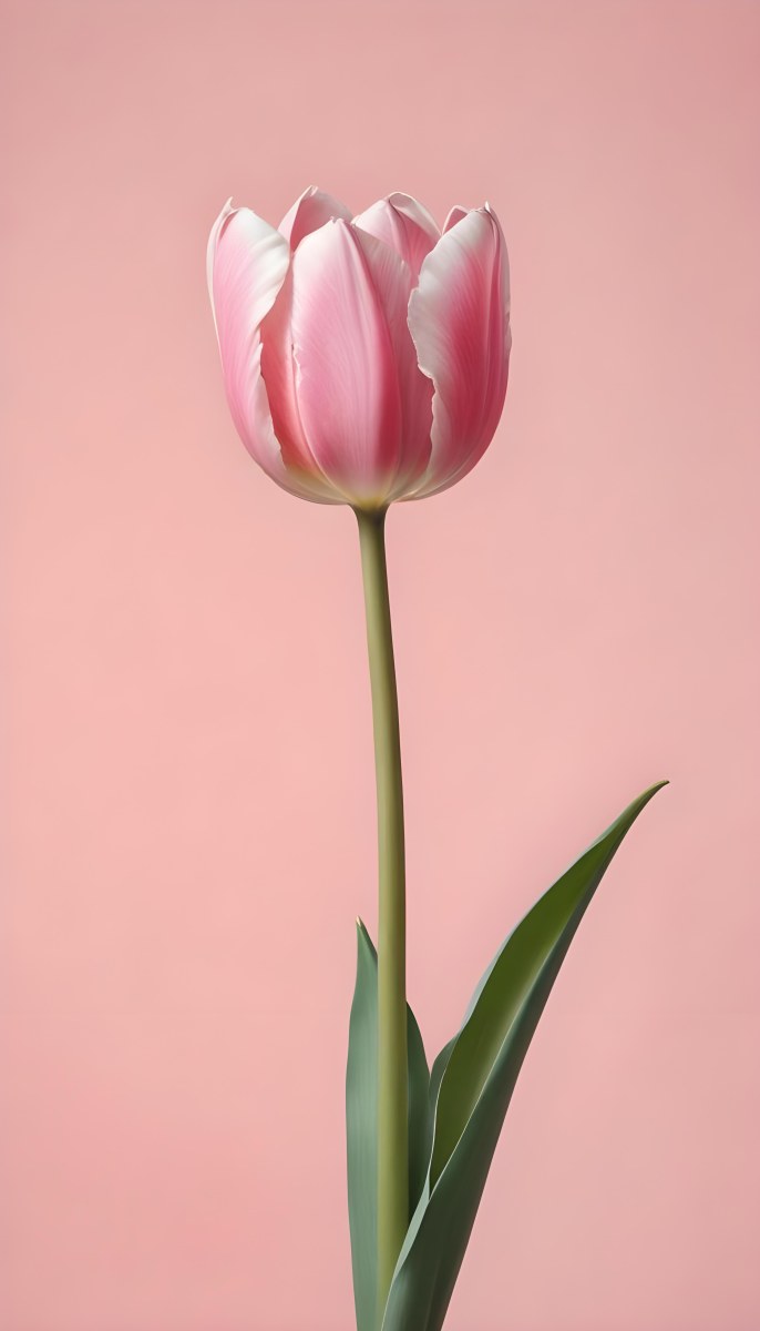 A Pink Tulip With White Edges A Green Stem And Leaves In Front Of A Green Background 9 Aaab