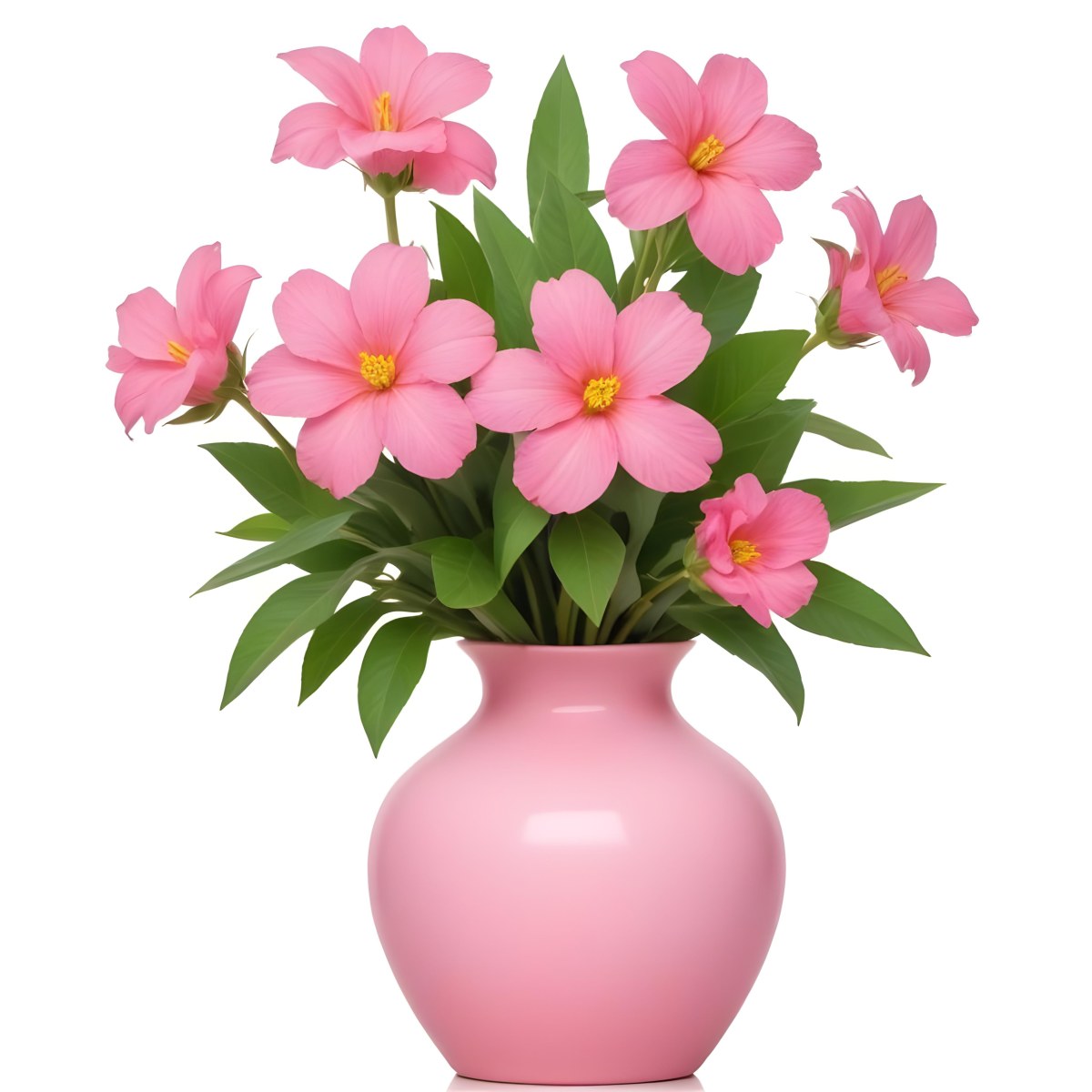 A Pink Vase With A Bouquet Of Pink Flowers With Yellow Centers And Green Leaves Isolated On A White Background Soft Lighting Smooth Texture 46 15e6