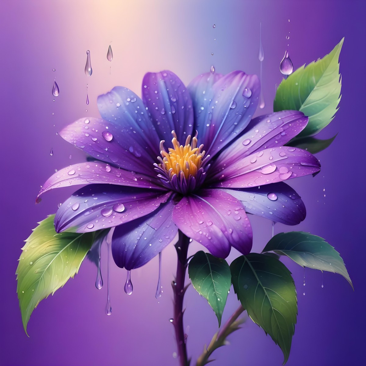 A Purple Flower With Water Drops On A Purple Stem And Leaves Pastel Rainbow Background Soft Lighting High Detail Elegant Vibrant Colors Dreamy Botanical Illustration 16 434c