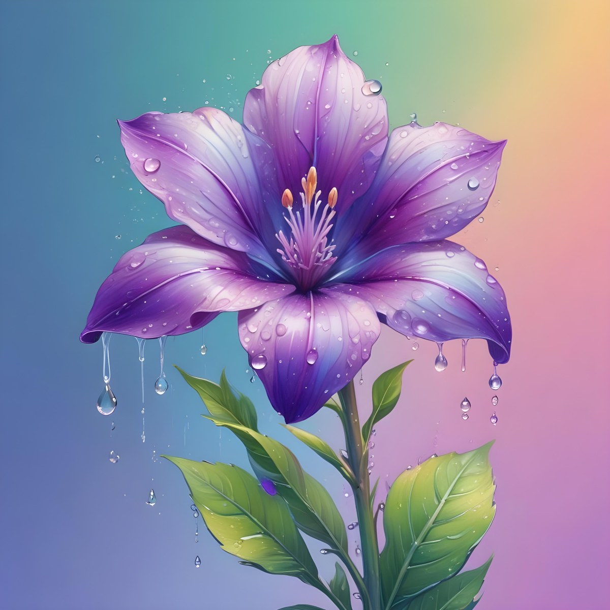 A Purple Flower With Water Drops On A Purple Stem And Leaves Pastel Rainbow Background Soft Lighting High Detail Elegant Vibrant Colors Dreamy Botanical Illustration 21 D1f1